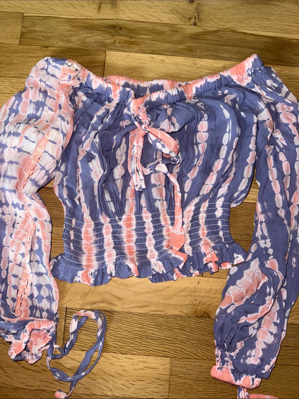 Off-Shoulder Smocked Peasant Top in Blue and Coral